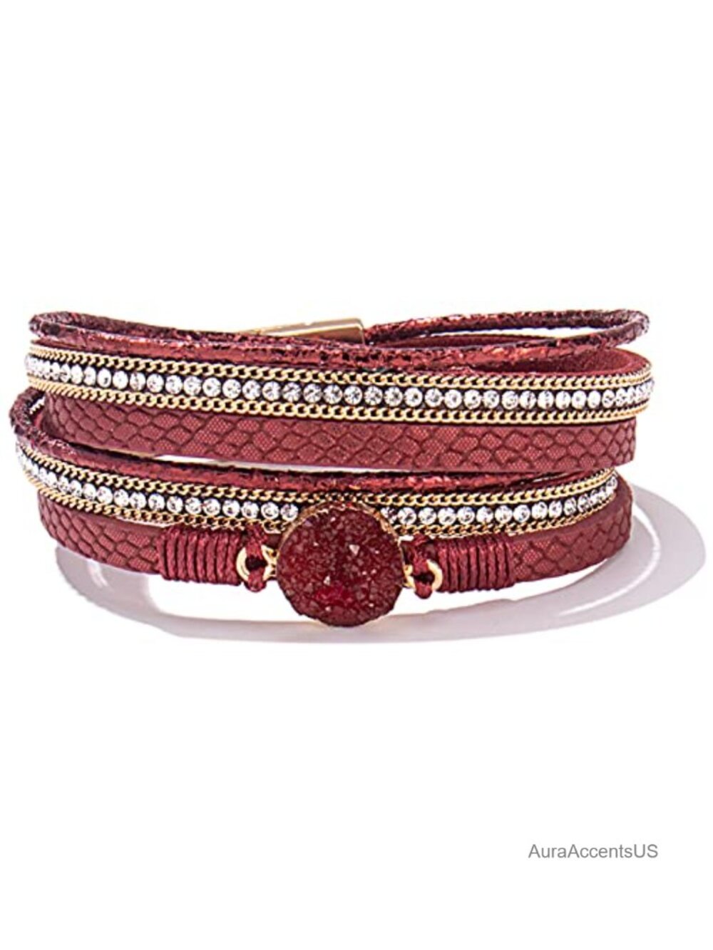Genuine Leather Wrap Bracelet Bohemian Druzy CZ Chunky Cuff